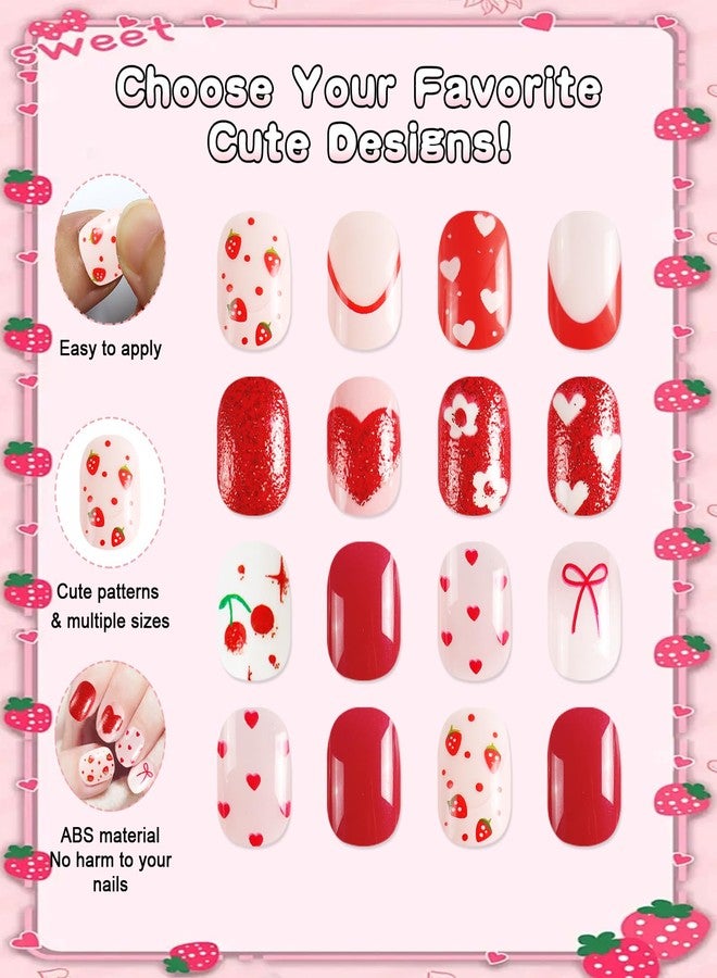 SIUSIO 3Pack Children Acrylic Fake Nails, 72pcs Press on Full Cover Glitter Short Red Heart False Nail Art Kits Set with Sticker Tabs Nail Glue for Kids Little Girls Christmas Gifts - Blossom Sweetie - Image 3